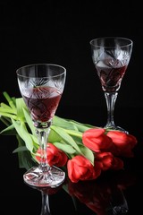 tulips and glass of wine