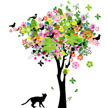 Flowers tree and cat