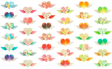 36 colorful winged-hearts isolated on a white background