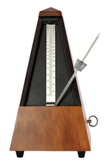 Mechanical Musicial Metronome on white background arm moving