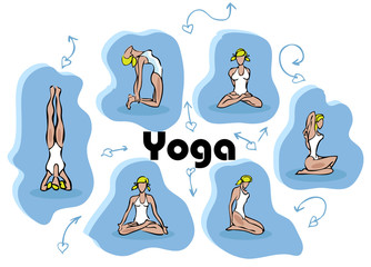 Yoga woman blue vector fake silhouettes, cartoon illustration - 19813019