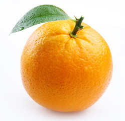 ripe orange with leaves on white background