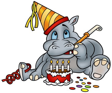 Hippo and Birthday Cake - detailed colored illustration