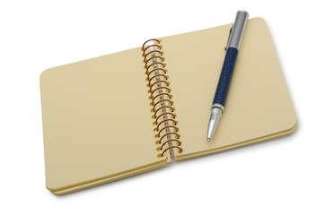 Pen and a notebook on a spiral with a yellow paper