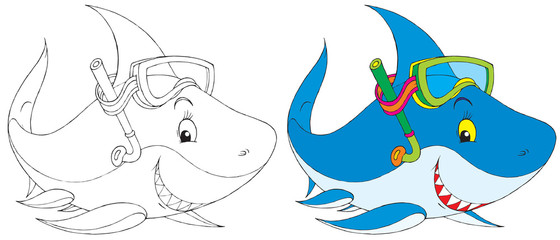 Shark diver (black-and-white and color illustrations)