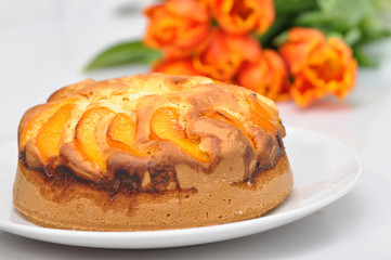 Aprikosenkuchen mit frischen Tulpen