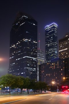 Blue Night City Lights And Buildings In Houston