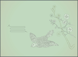 vintage line drawing bird and blossom -vector