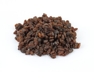 A serving of raisins against a white background