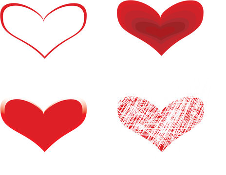 four red hearts  over white background