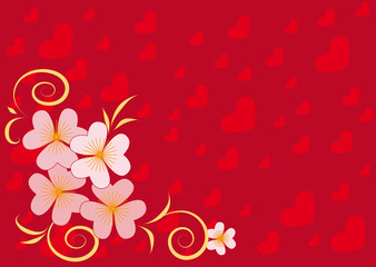 red background with hearts and spring flowers
