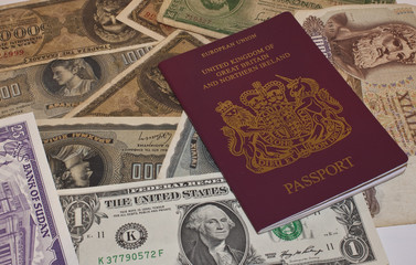 foreign currency and a passport