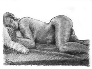 Charcoal drawing art of sleeping nude female