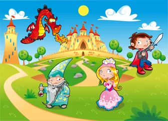Wall murals Castle Funny cartoon illustration with background.