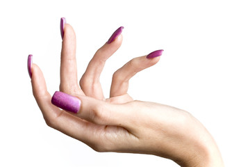 Female hand with long nails with manicure on white background.