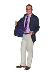 Modello uomo maschio in piedi sorriso ottimismo giacca aperta