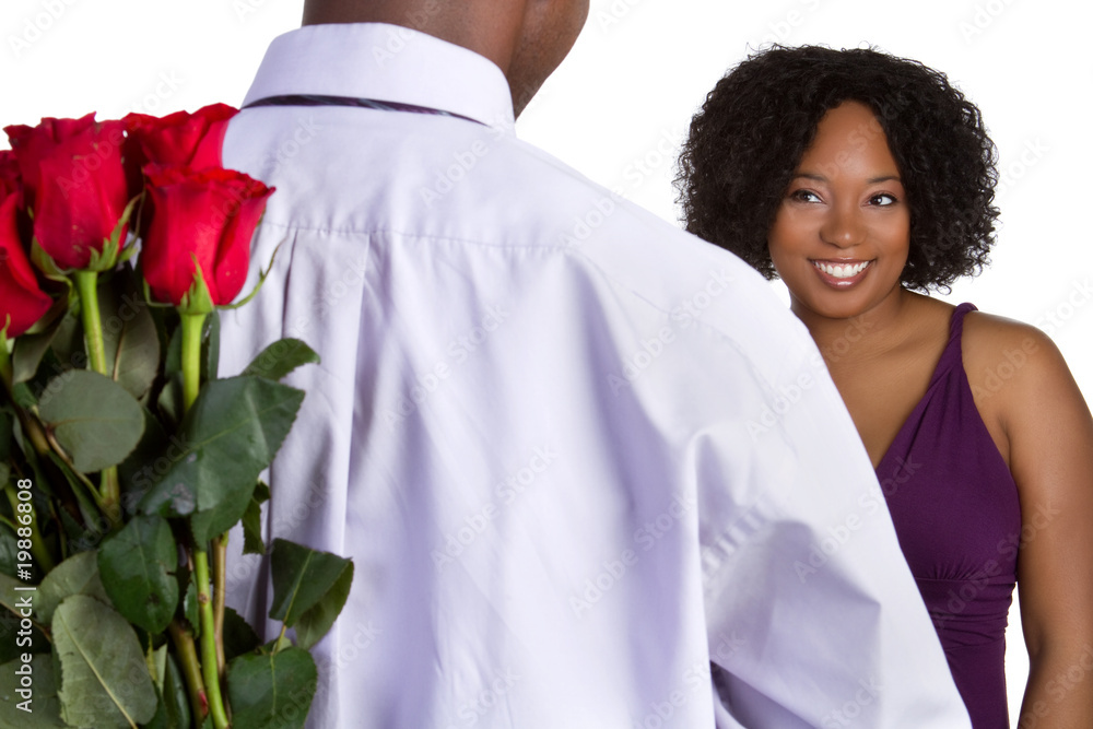 Poster man giving woman roses