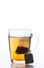 Transparent tea cup with teabag