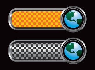 earth globe orange and black checkered banners