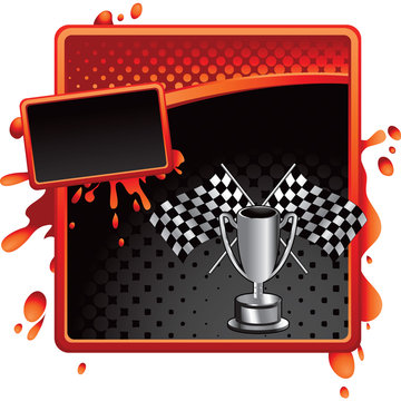checkered flags and trophy red and black halftone grungy ad