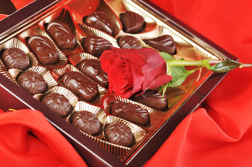 chocolates and rose on red