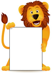 A cartoon lion holding a banner