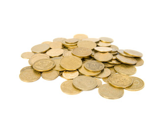 Scattered coins.  Isolated on white background.