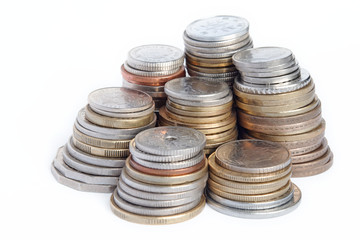 Columns of coins including Australian Dollar and Japanese Yen