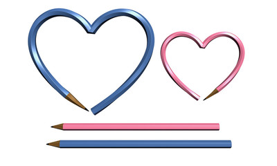 two color pen in heart shape isolated