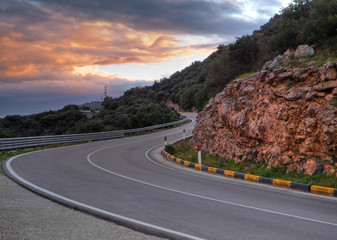 Mountain road at sunset.
