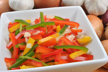 mediterranean paprika salad in a white bowl