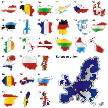 vector illustration of all flags of the EU in map shape