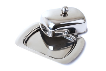 Stainless butterdish on a white background