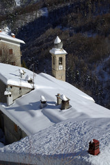 Winter scene of alpine valley with snow