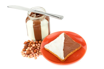 toast with chocolate and hazelnut spreads isolated on white