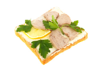 sandwich toast,cod liver, slices of lemon isolated on white