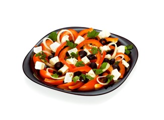 Greek vegetable salad with feta cheese  isolated on white