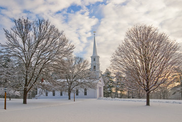 Chapel in a snowy New England shot at dawn