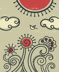 Cartoon background with flowers and bird