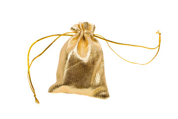 Close-up of a gold gift bag isolated on white