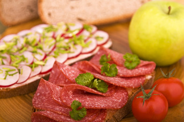 Belegtes Brot mit Salami und Radieschen