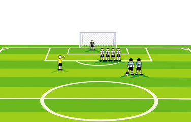 Soccer field with players preparing for penalty.