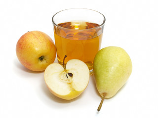 apple and pear with a glass of juice