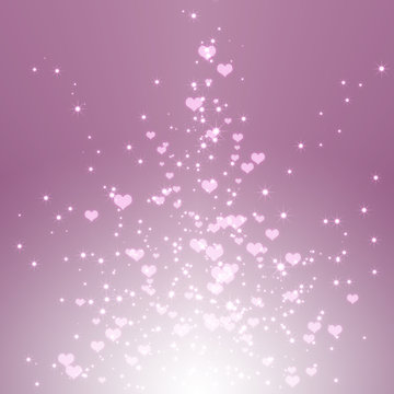 Sparkling stars hearts on purple light burst