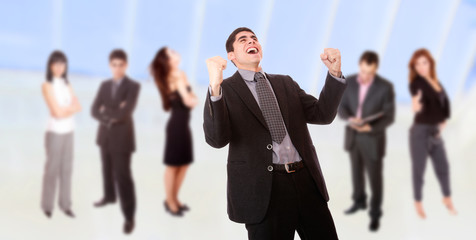 business man leading a team in the office