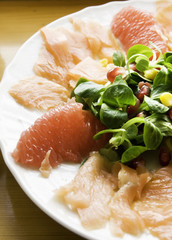 appetizer with salmon, pomegranate and salad