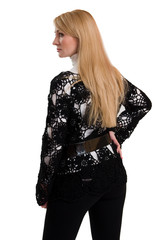 Beautiful girl in black knitted jacket.