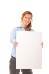 Happy young female holding blank banner