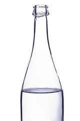 Neck of a glass bottle with water on a white background