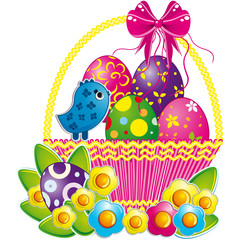 Easter basket with pink bow and a cute chicken